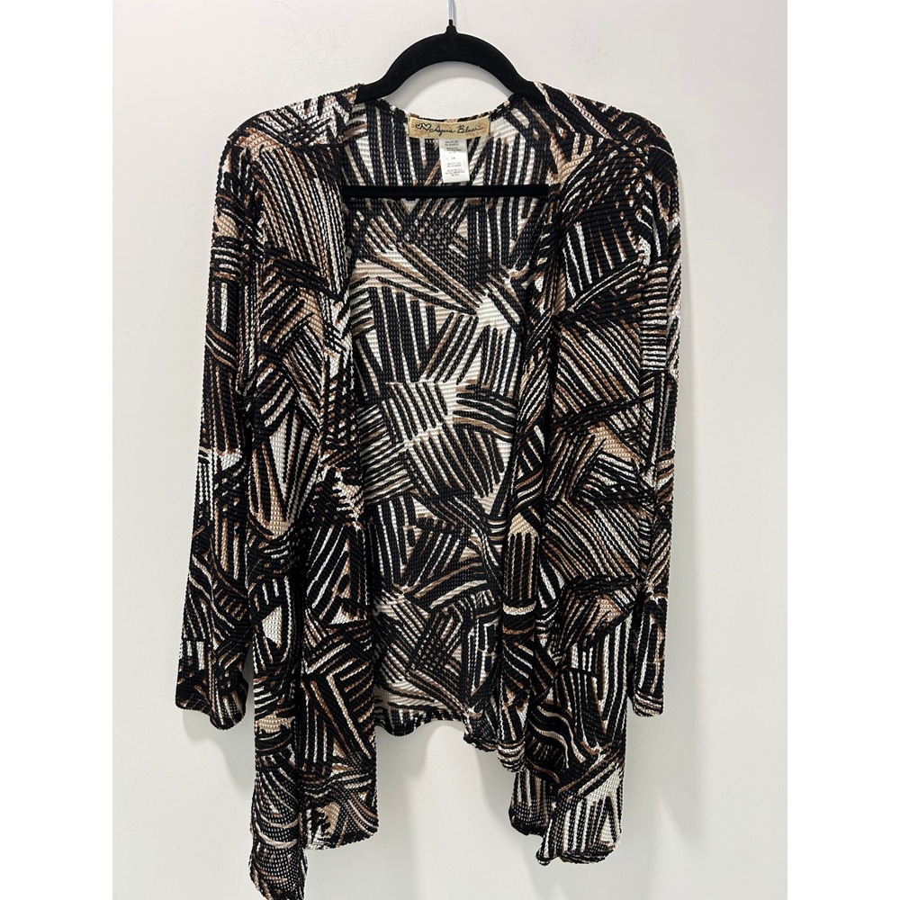 Aqua Blues Women 1X Geometric Abstract Print Open Front Textured Cardigan Black